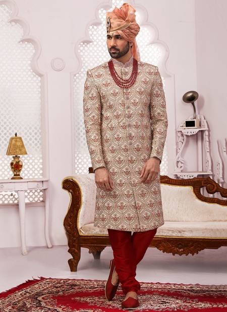Cream Wedding Wear Embroidery Work Sherwani Groom Latest Collection 9003